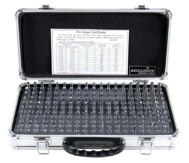 Accusize Industrial Tools أدوات أكسوسيز الصناعية - مجموعة قياس دبابيس دقيقة من 190 قطعة، من 0.061" إلى 0.250"، بطول 2"، معالجة حرارياً، 60-62 RC، مع علبة ألمنيوم، M1(-) A - Image 1